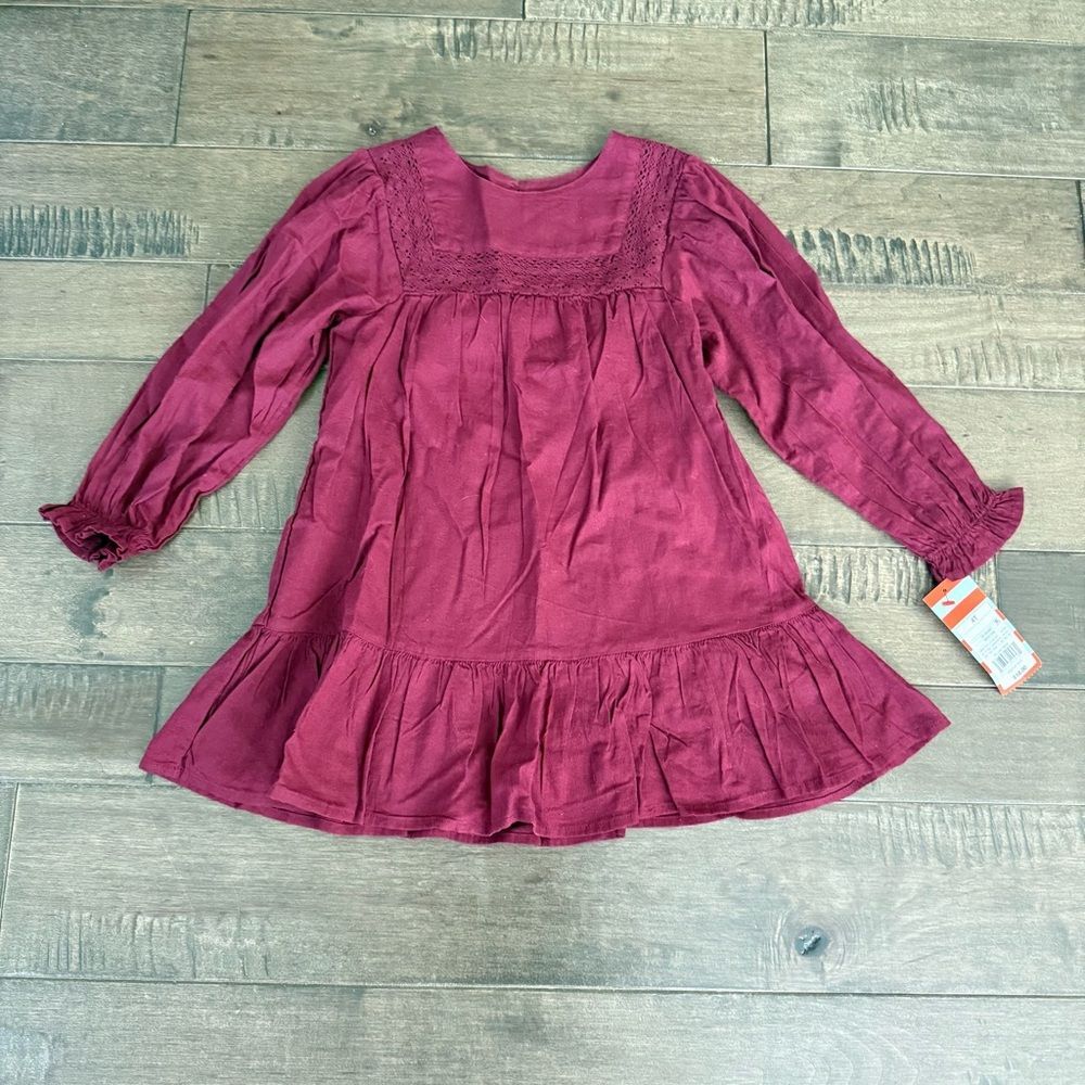 Cat & Jack Burgundy Crochet Ruffled Maroon Dress 4T Toddler Kids Long Sleeved